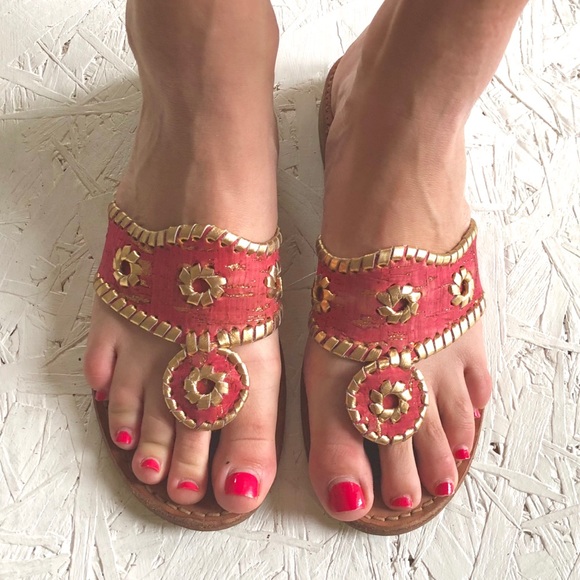 Jack Rogers Shoes - JACK ROGERS WHIPSTITCHED GOLD AND CORAL SANDALS
